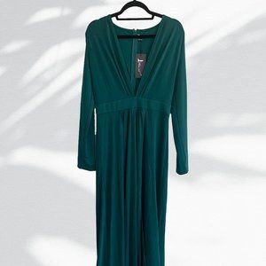 Miss Ord | Plunging Neck Split Thigh Green Maxi Dress | Dark Green | Size XL